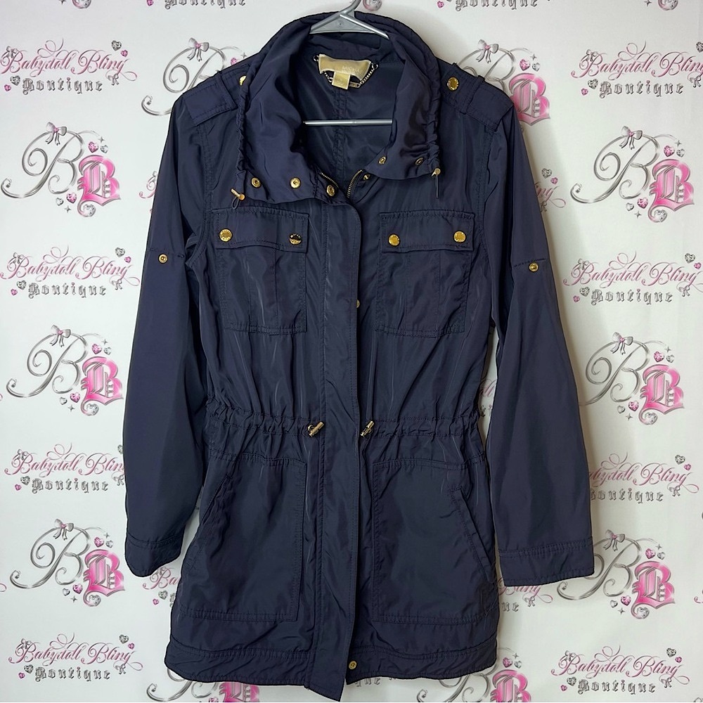 Michael Kors Charcoal Utility Jacket with Gold Accents coat zip up tie waist